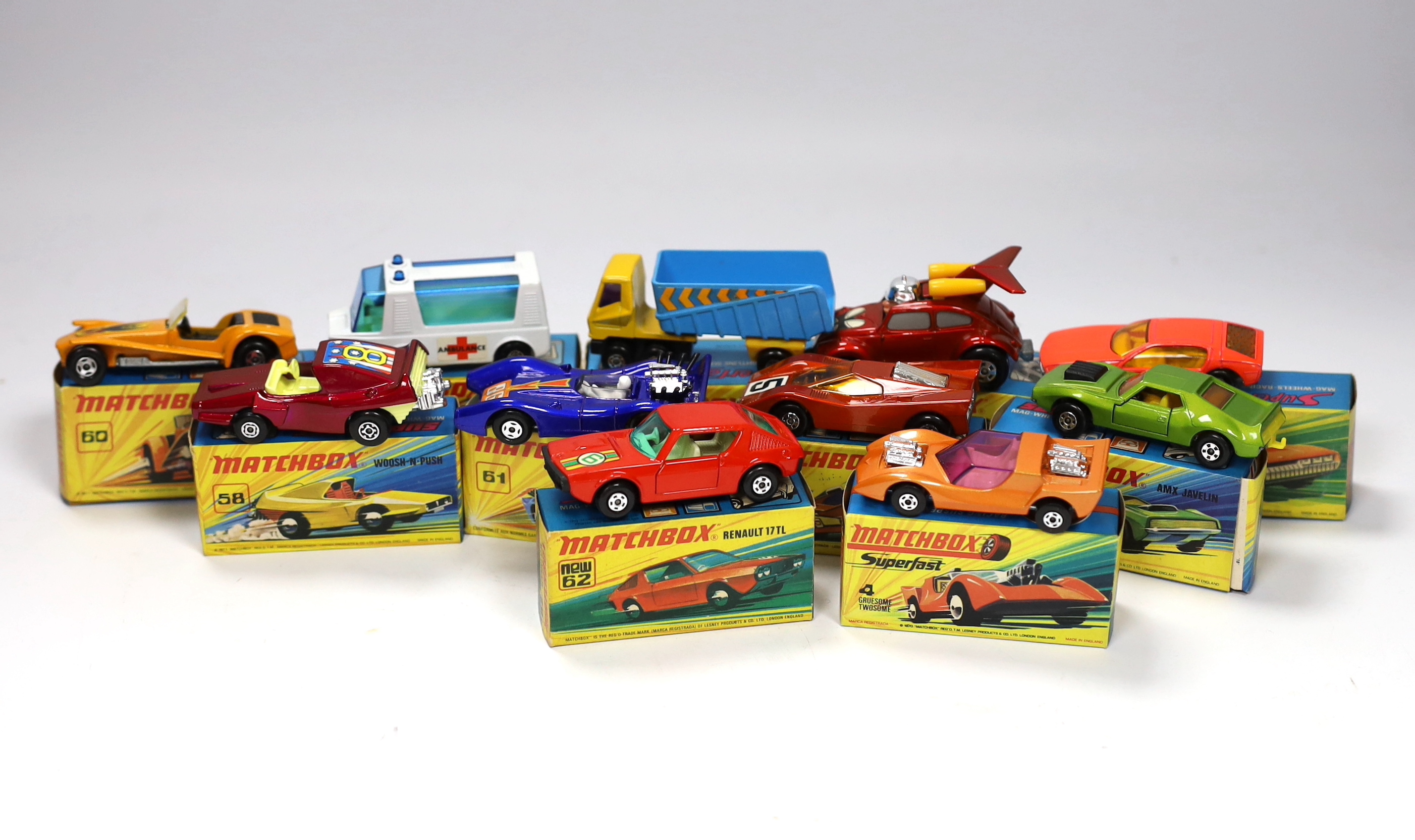 Eleven boxed Matchbox Superfast 1-75 series diecast vehicles